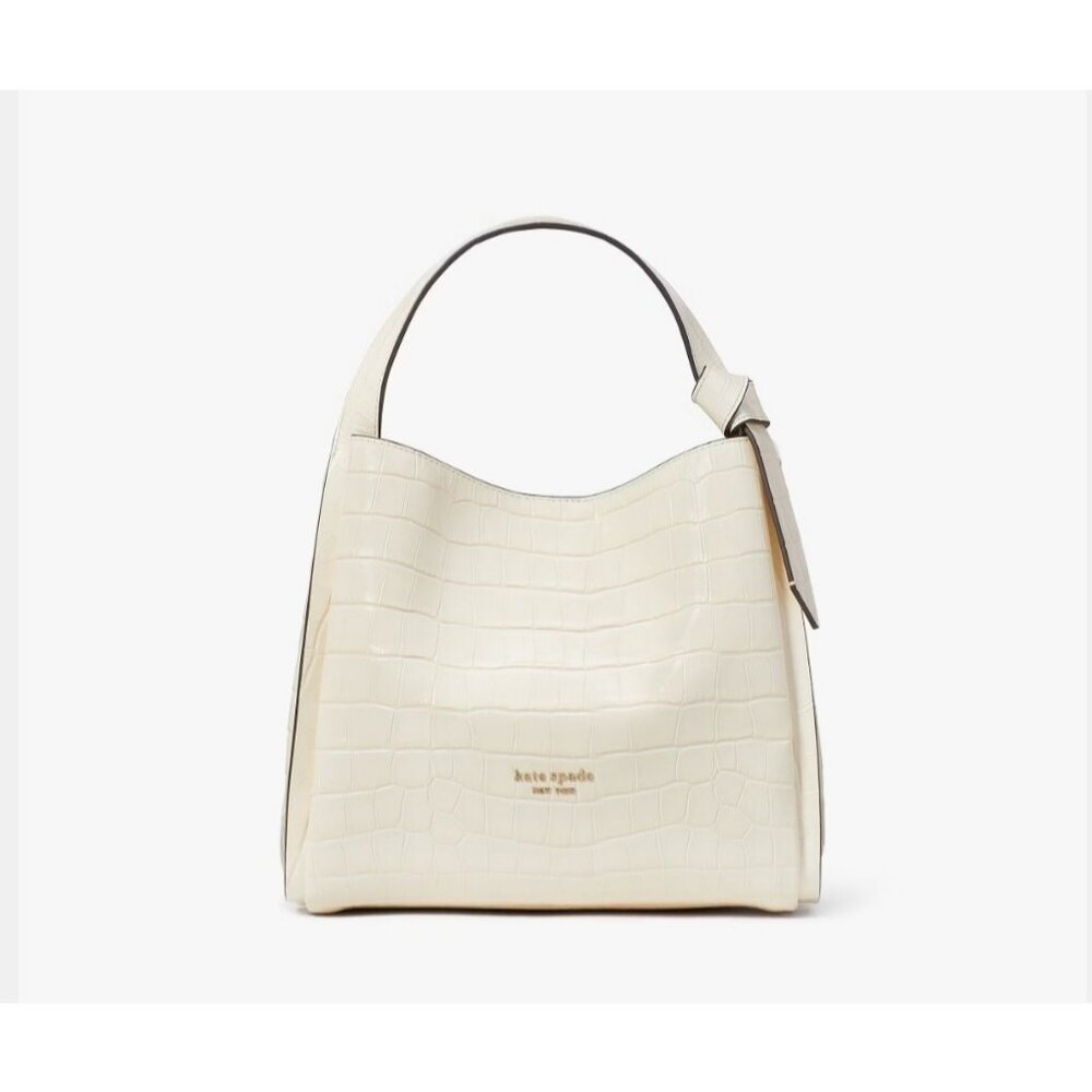 KATE SPADE NY Knott croc embossed leather medium tote crossbody + Dust bag WHITE